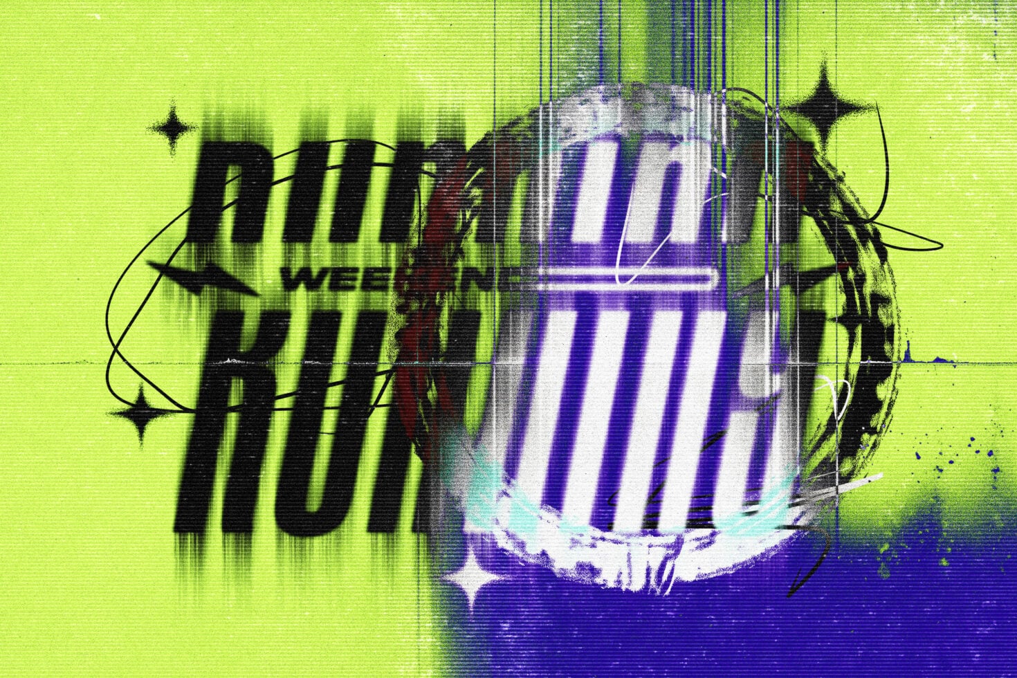 Neon yellow background with glitchy purple striped sphere, black text overlay, scanlines throughout