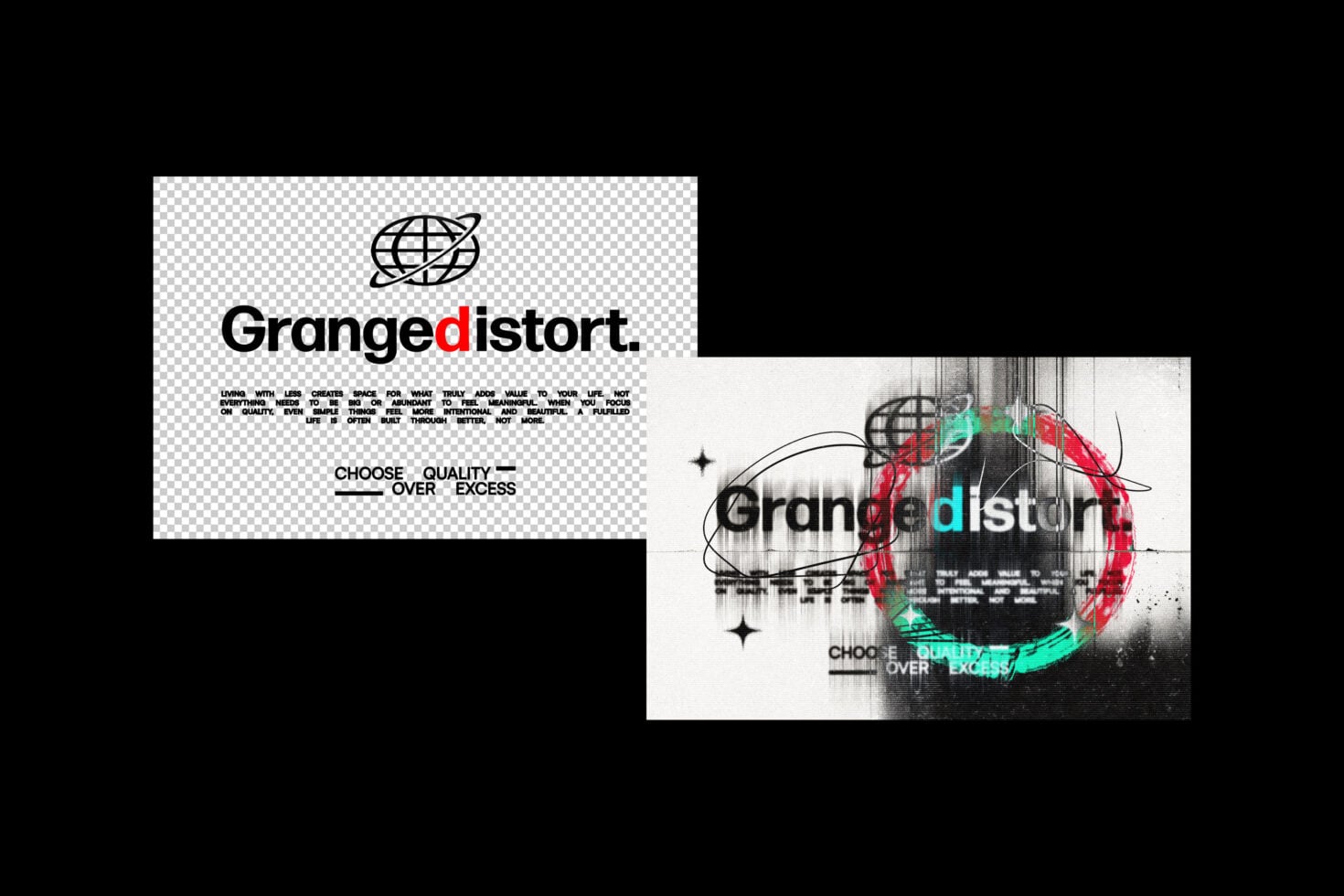 Brand identity mockup showing Grange Distort logo with clean layout plus glitchy neon variation