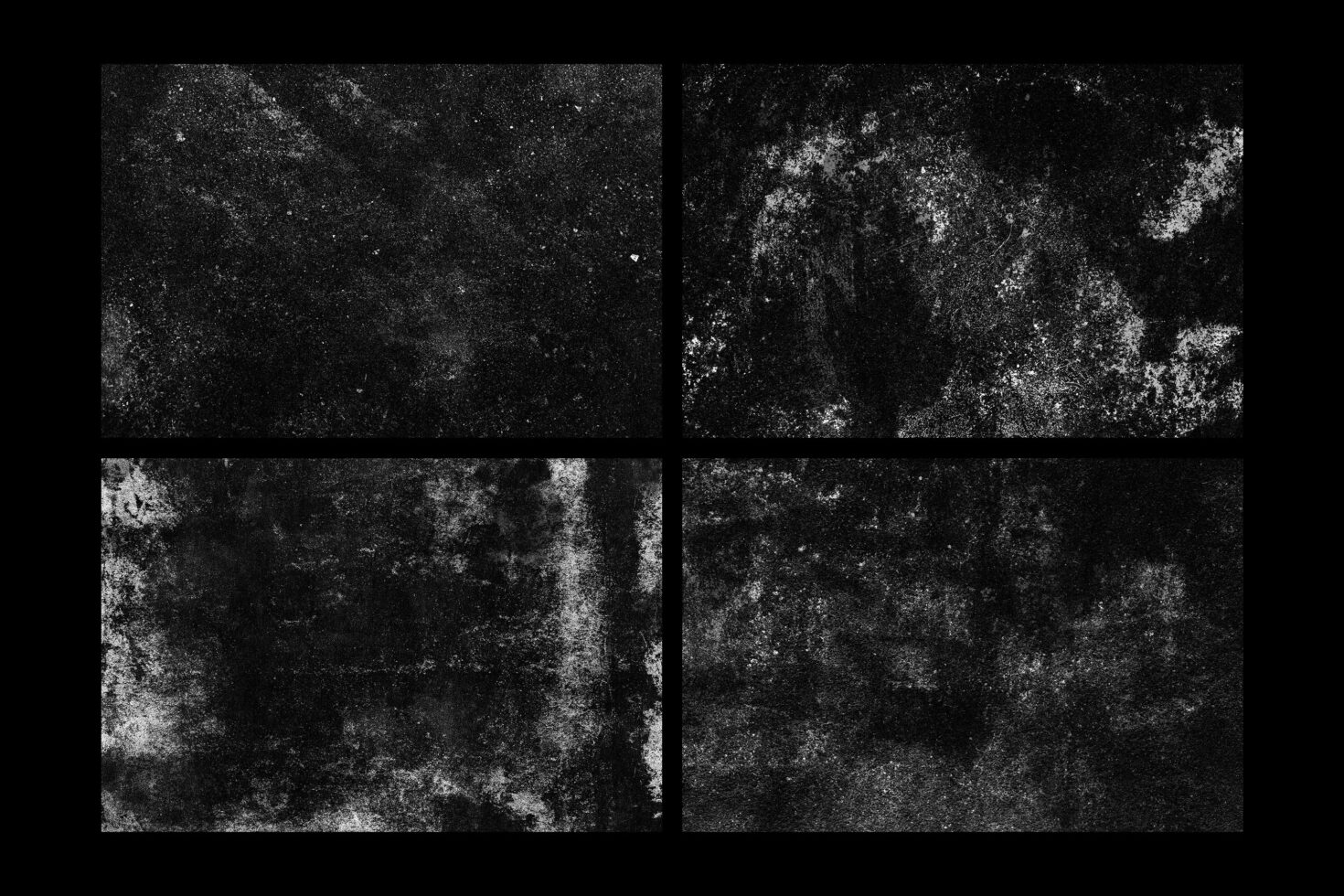 Grungy black textures with scattered white noise, four different wear patterns for layering