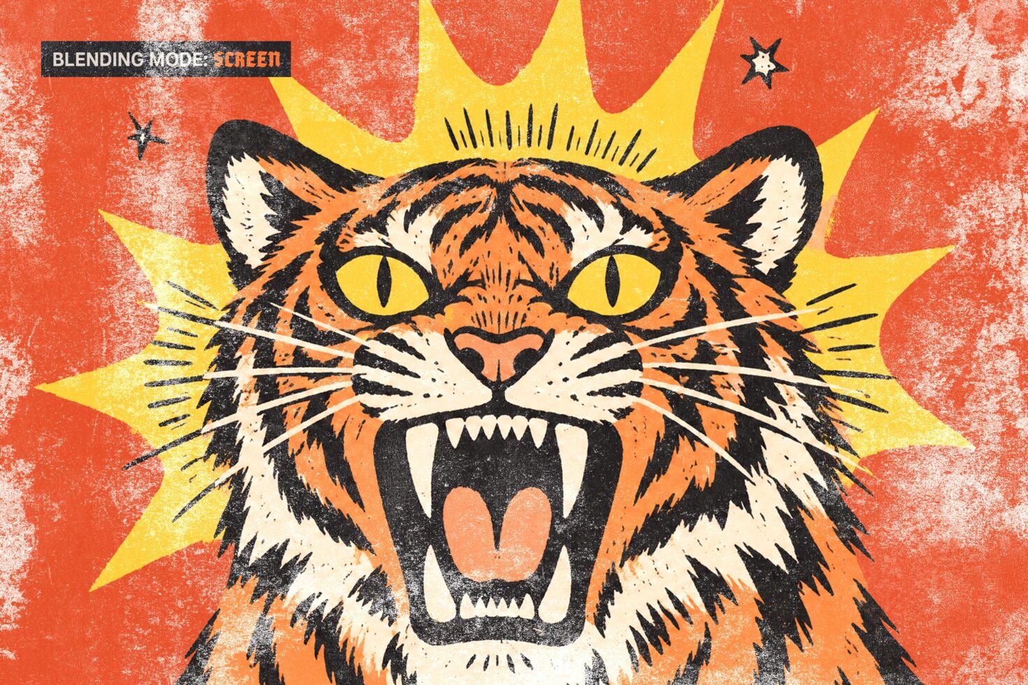 Roaring tiger with yellow starburst on distressed orange background, screen blending mode effect