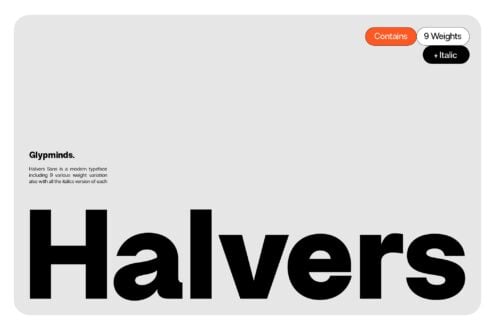 Halvers Sans typeface showing 9 weights plus italics in bold black display text