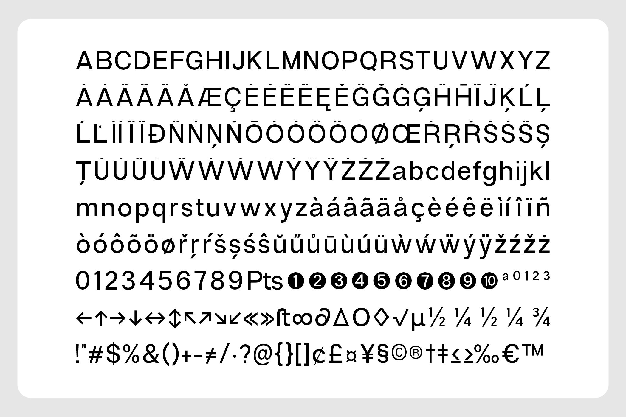 Sans serif font with extended character set showing accents, numbers, symbols, fractions