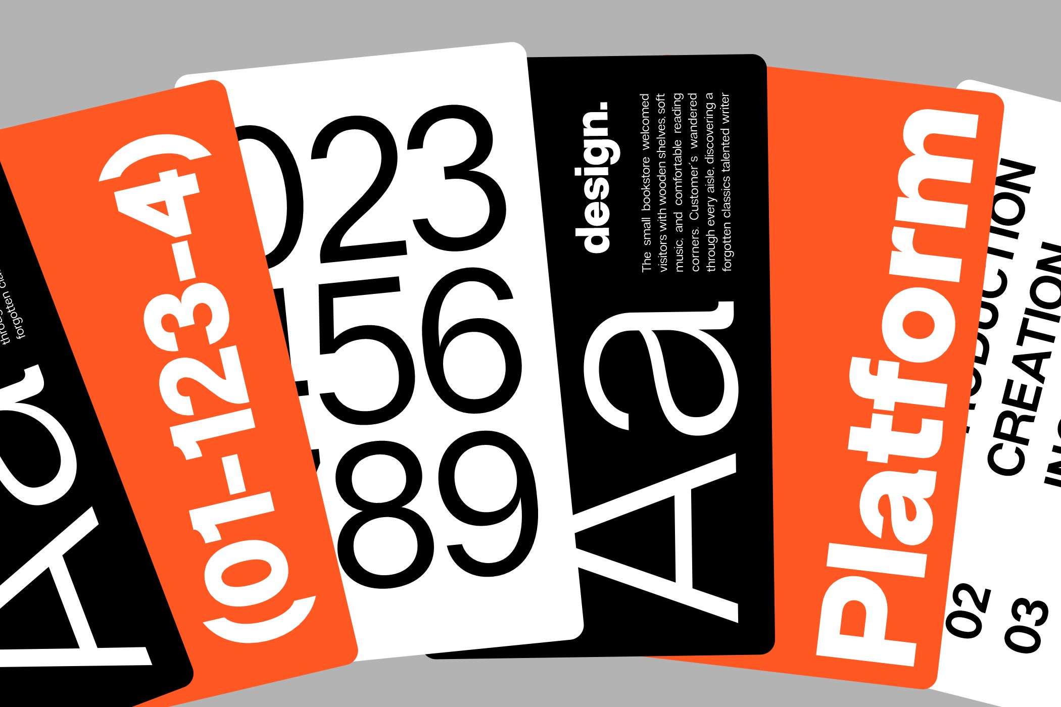 Stacked design mockup cards in orange, white, black showing typography layouts with numbers