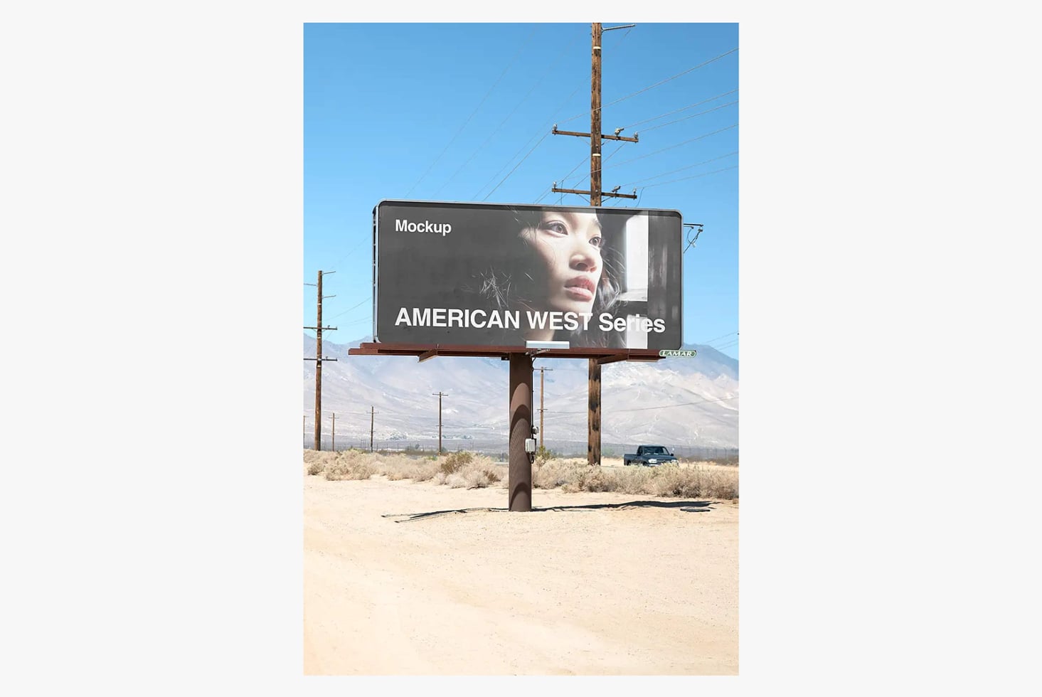 Vintage roadside billboard mockup in desert landscape with mountains
