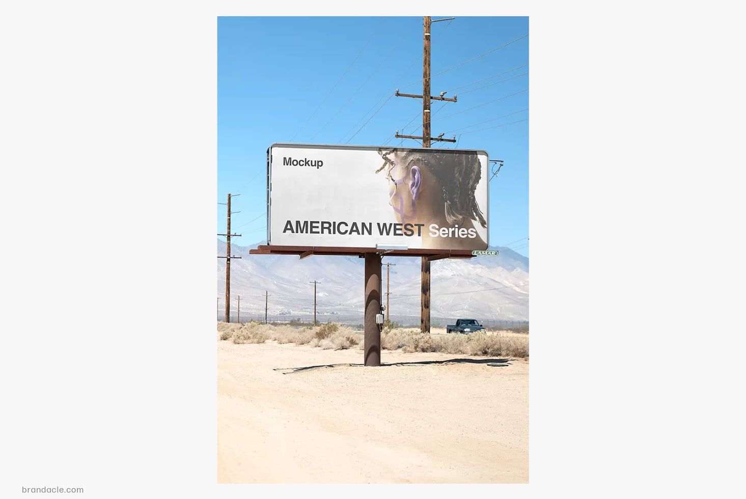 Vintage roadside billboard mockup in desert landscape with power lines