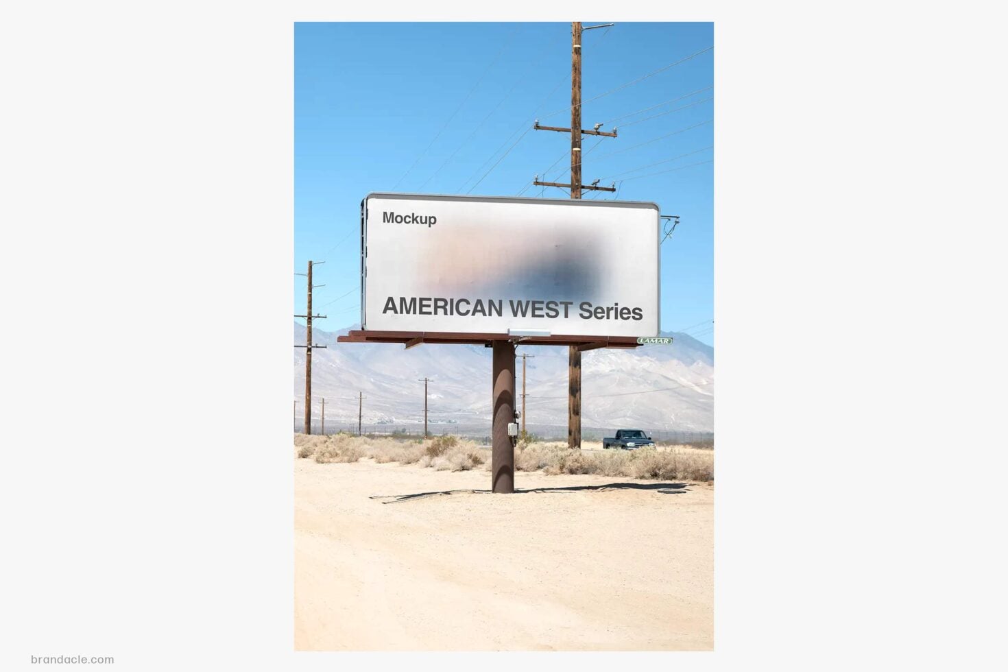 Vintage roadside billboard mockup in desert landscape with power lines