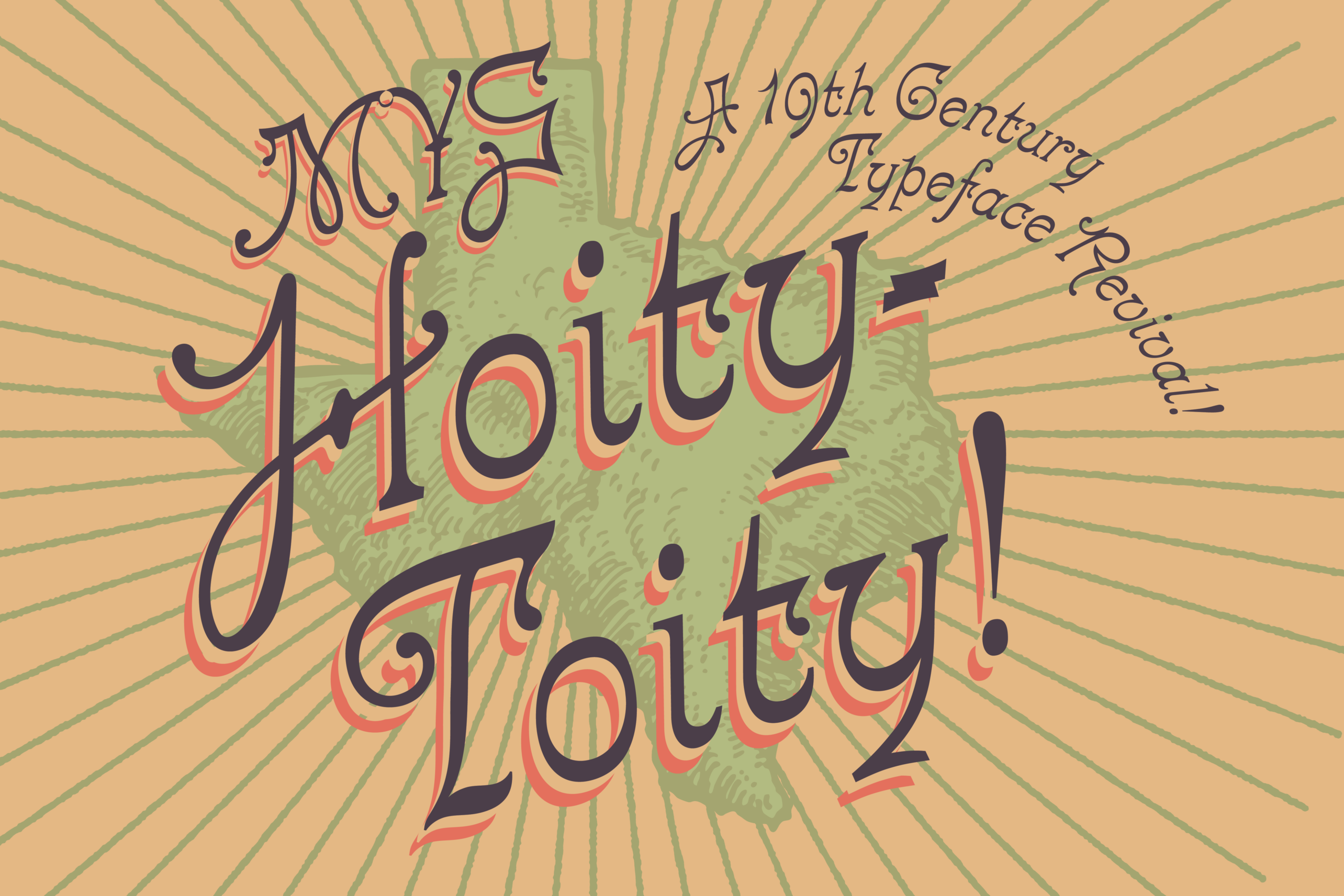 Retro 19th century typeface with ornate serifs, coral accents, radiating sunburst background