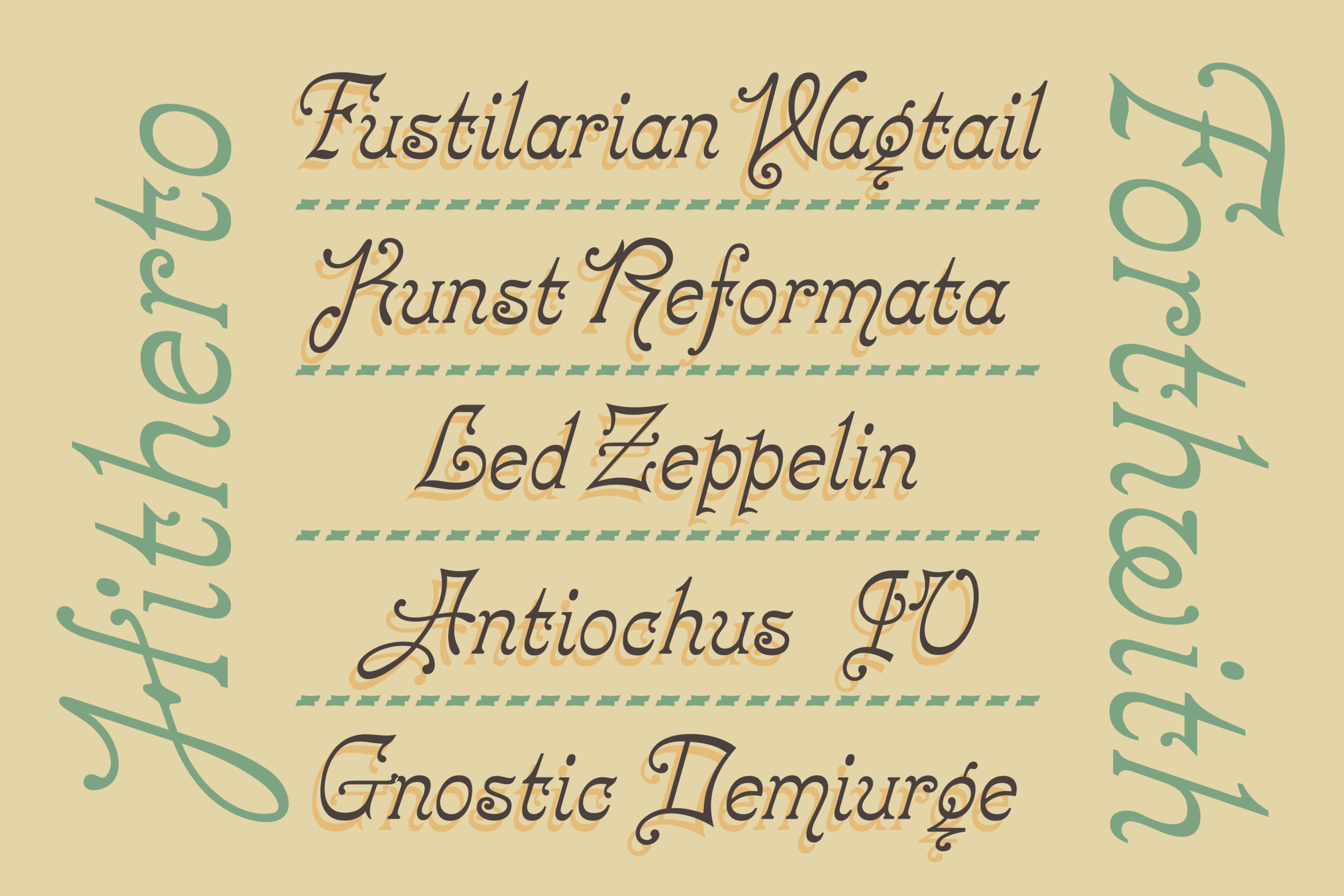 Font specimen displaying five ornate serif typefaces with decorative flourishes on cream background