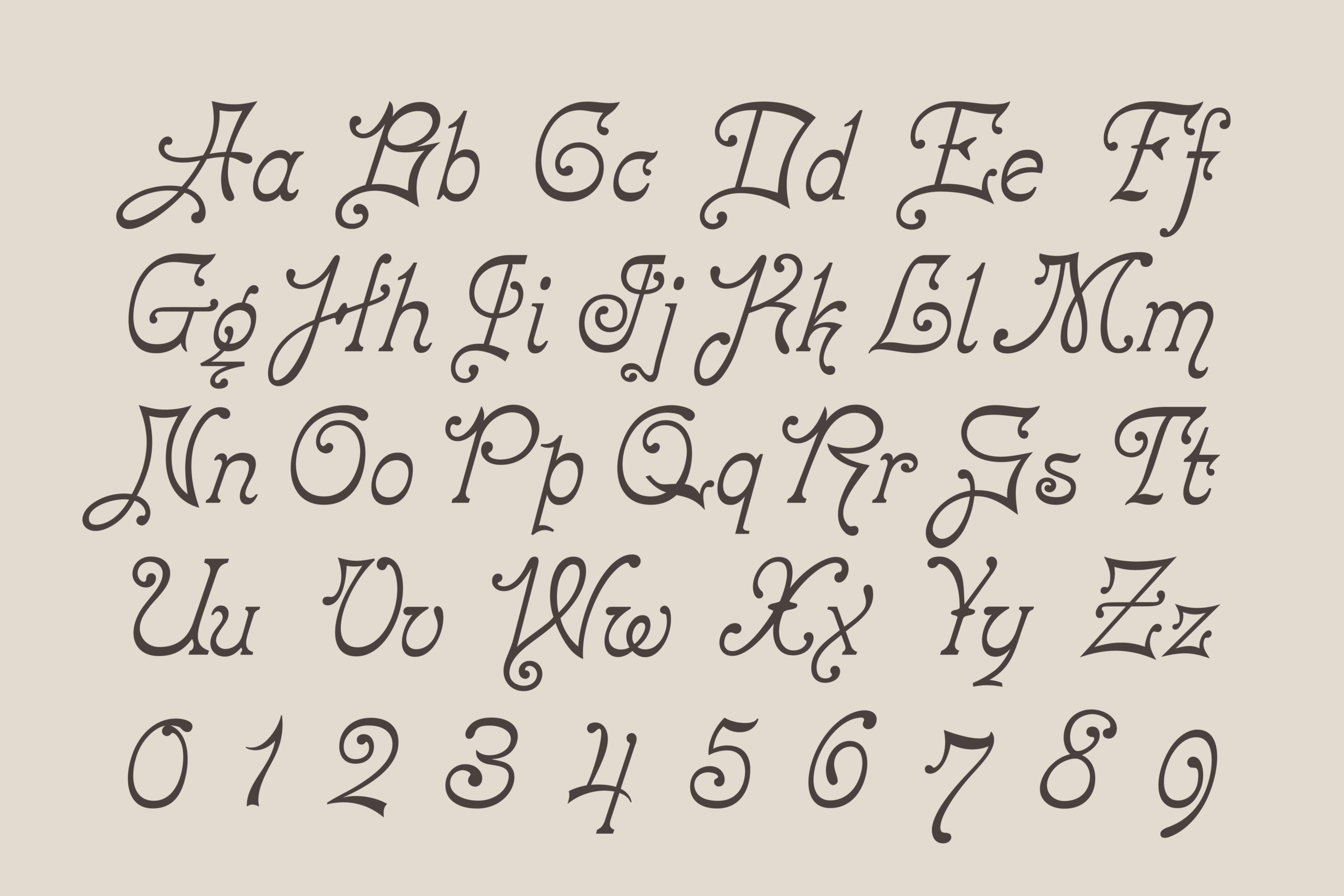 Ornate serif font with flowing flourishes showing full character set on cream background