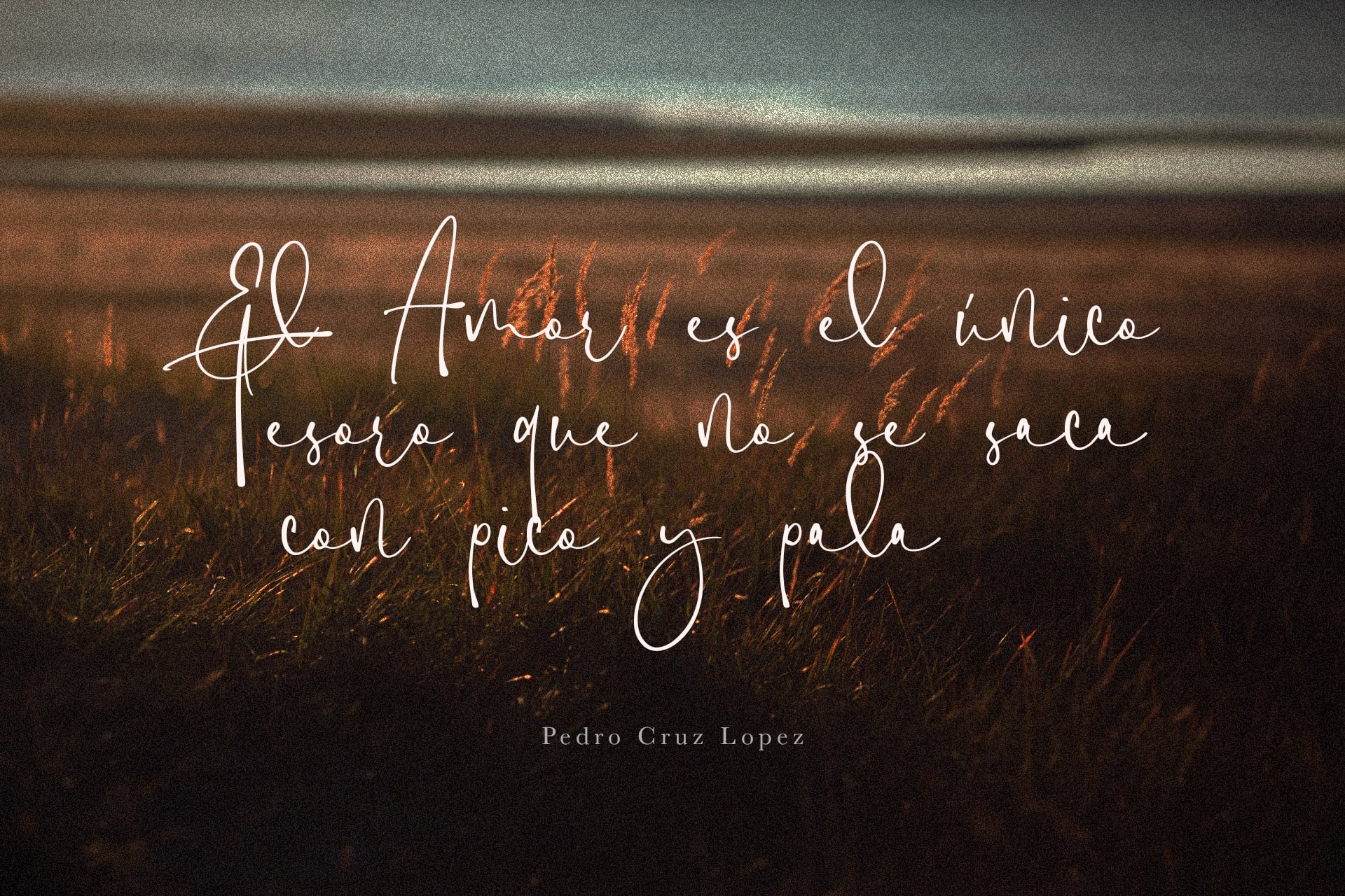 Elegant script overlay on moody wheat field backdrop with Spanish quote by Pedro Cruz Lopez
