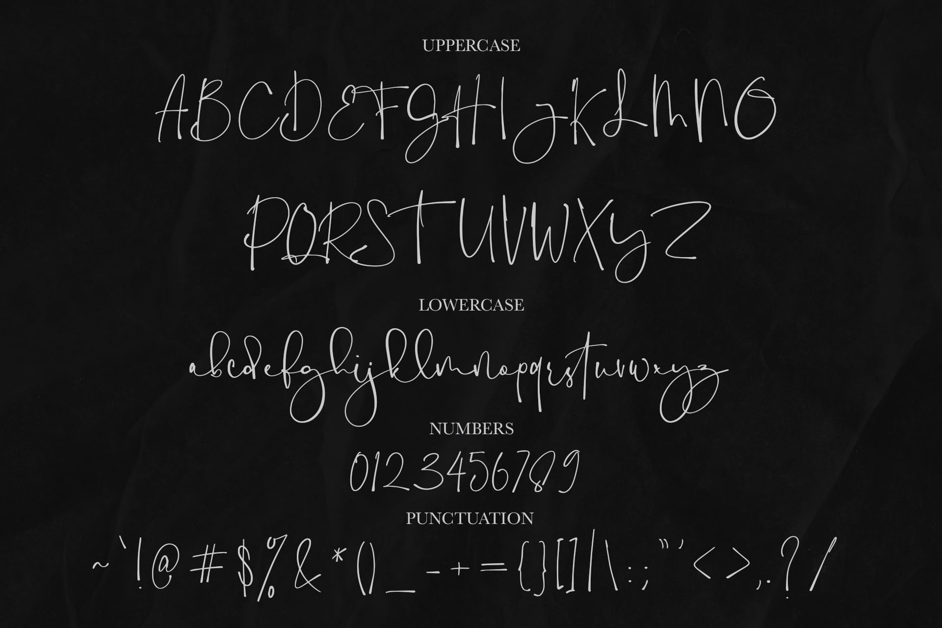 Elegant handwritten script font with uppercase, lowercase, numbers, plus punctuation on dark background