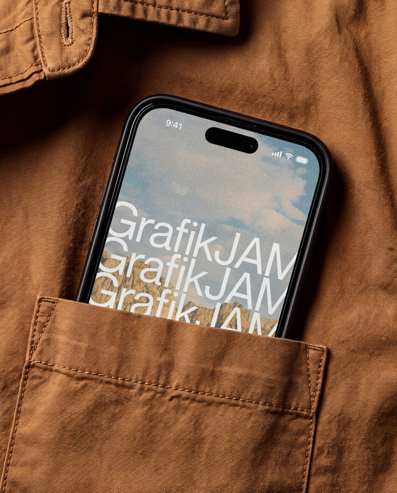 iPhone in tan cargo pocket with layered text overlay showing design mockup