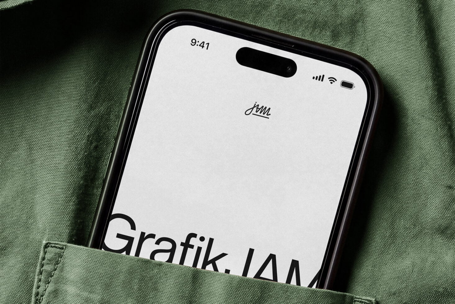 Black iPhone mockup on sage green fabric showing clean minimal lock screen with script logo