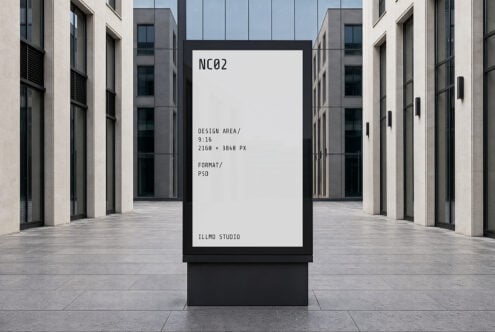 Vertical billboard mockup in modern courtyard with minimal text layout on cream background