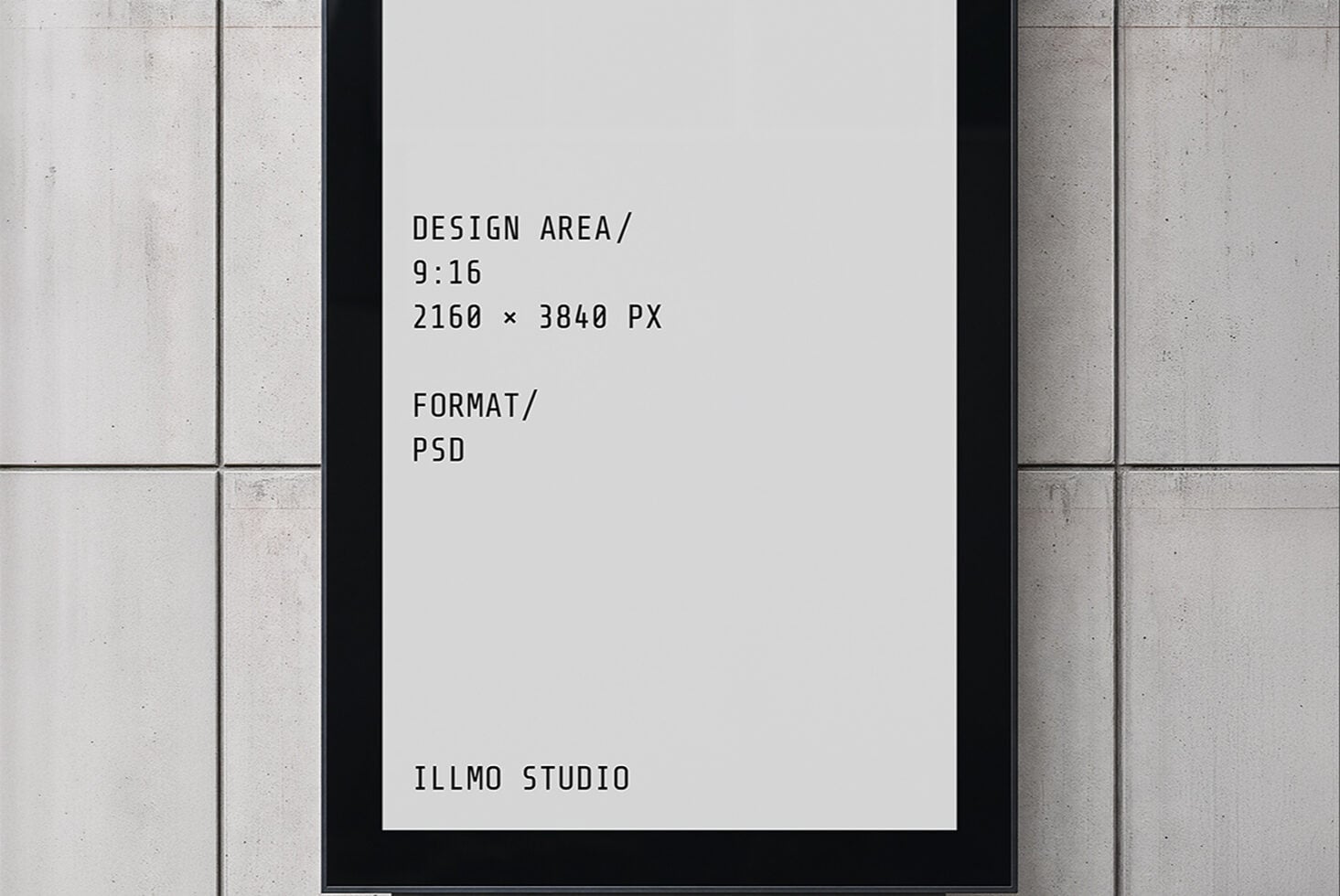 Concrete wall backdrop with black frame displaying white card showing design specs for Illmo Studio