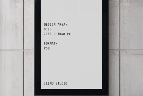Concrete wall backdrop with black frame displaying white card showing design specs for Illmo Studio