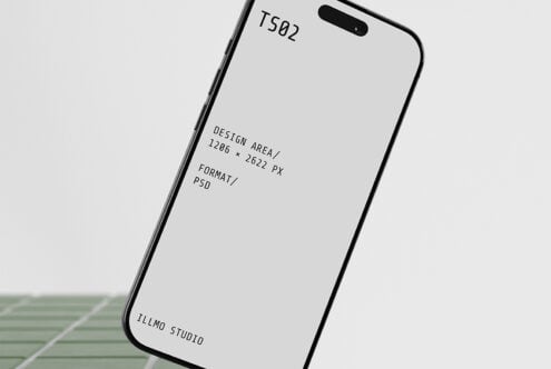 iPhone 14 Pro mockup tilted on striped surface with blank screen ready for designs