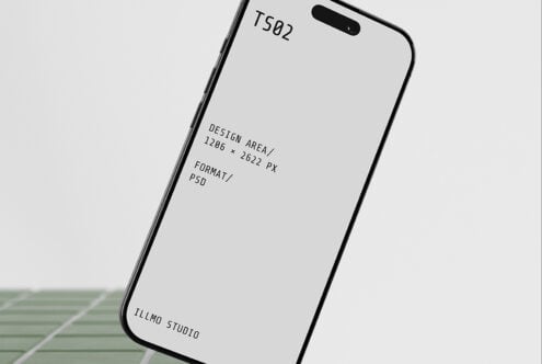 iPhone 14 Pro mockup tilted at angle showing blank screen on minimal background