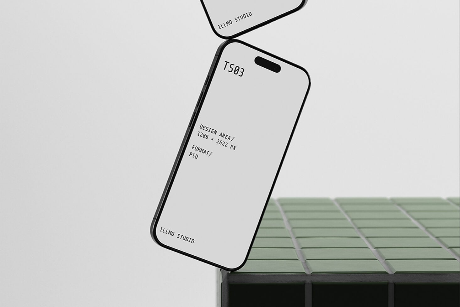 iPhone 14 Pro mockup leaning on green tile surface with specs visible