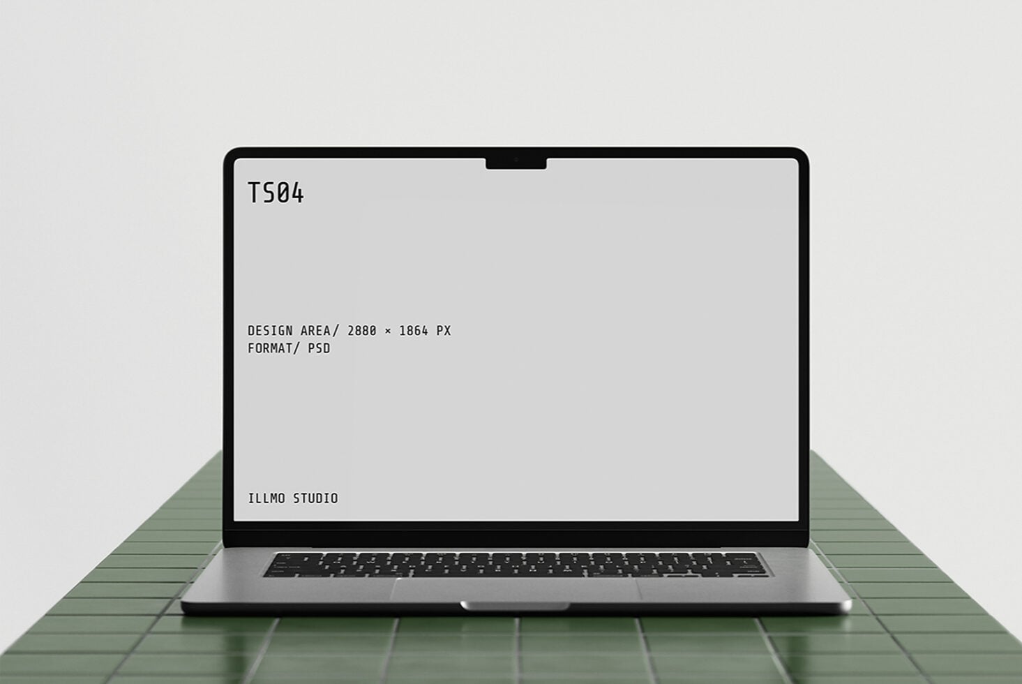 Laptop mockup on green tile surface showing TS04 design specs in monospace font