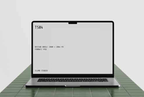 Laptop mockup on green tile surface showing TS04 design specs in monospace font