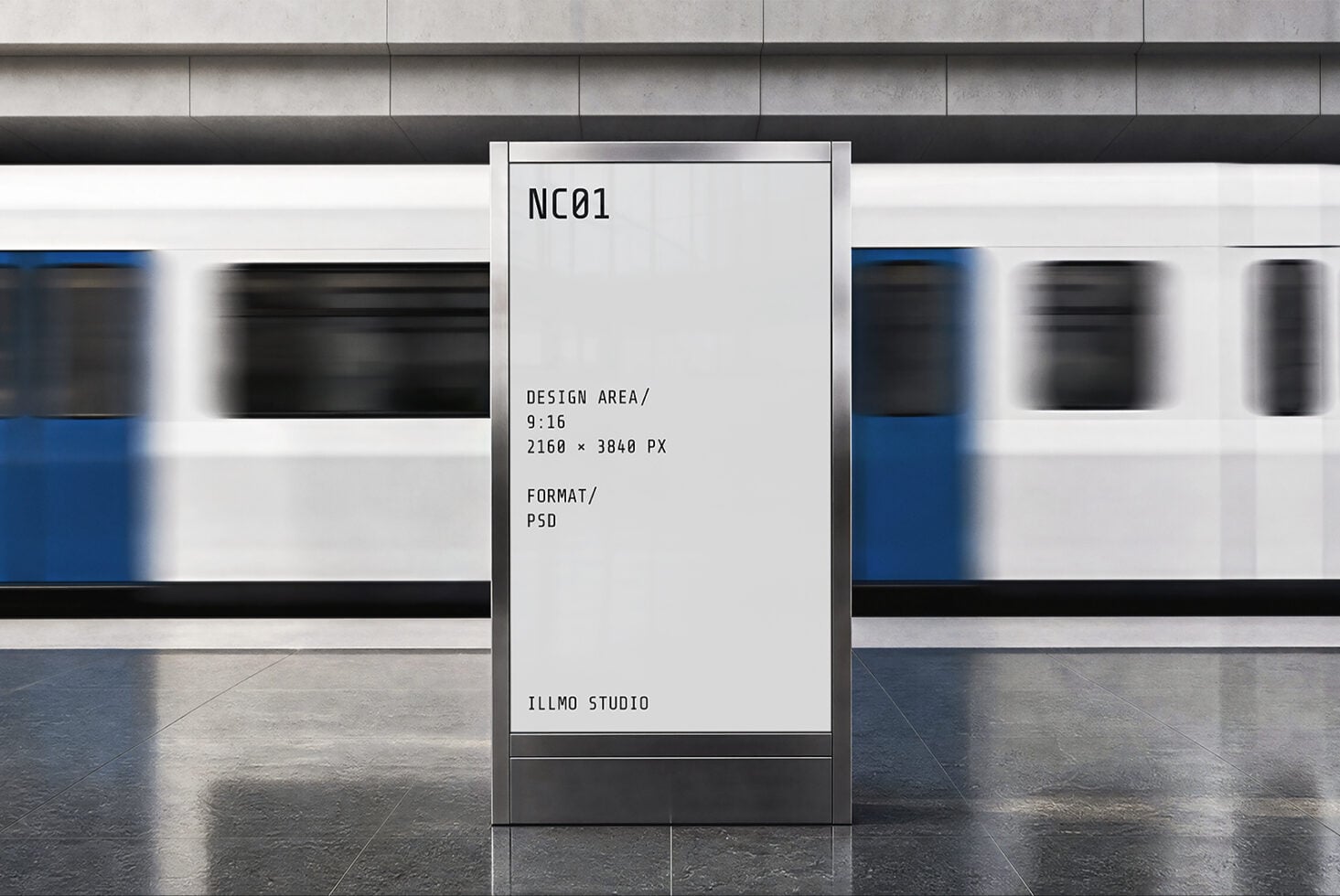 Sleek digital signage mockup in modern corridor with concrete floors, blue accent panels, clean minimalist design