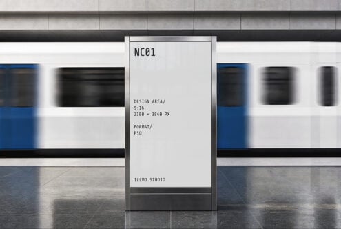 Sleek digital signage mockup in modern corridor with concrete floors, blue accent panels, clean minimalist design