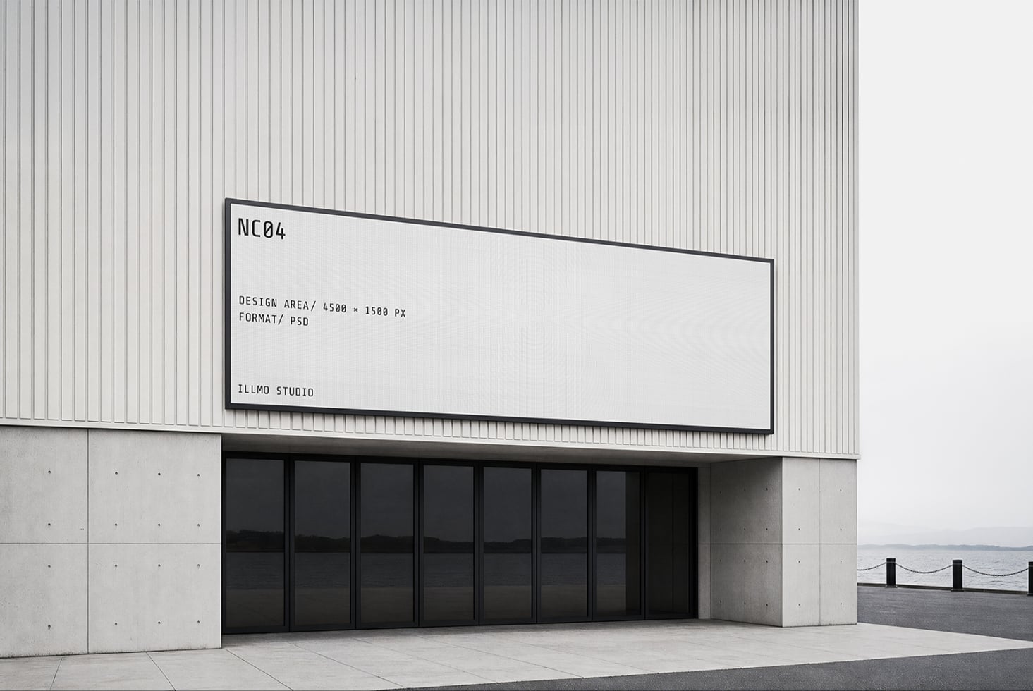 Horizontal storefront billboard mockup on concrete building with minimalist specs displayed