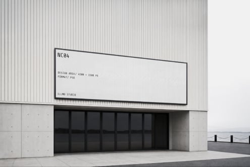 Horizontal storefront billboard mockup on concrete building with minimalist specs displayed