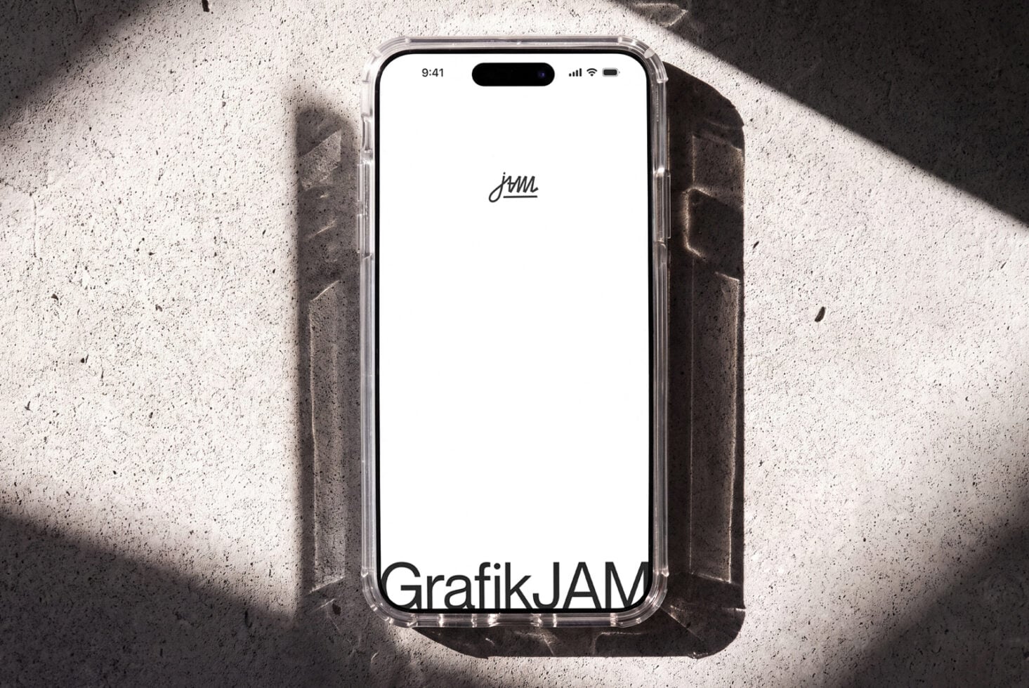iPhone mockup with clean screen on concrete surface with dramatic shadows