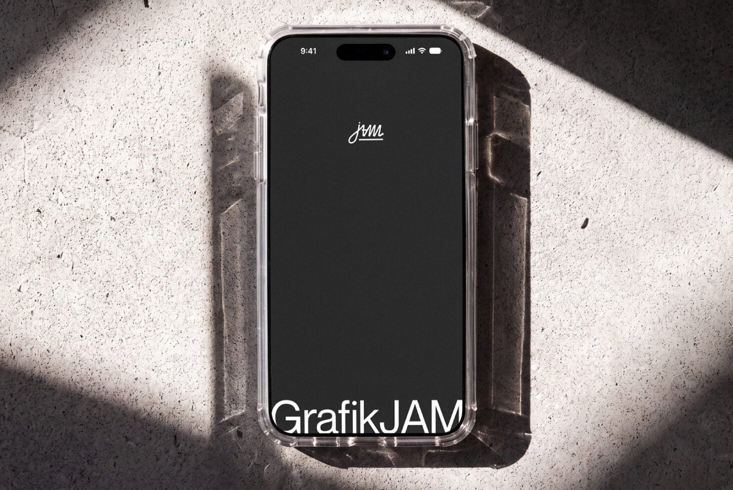 iPhone mockup with clear case on concrete, displaying minimalist script logo with harsh sunlight shadows