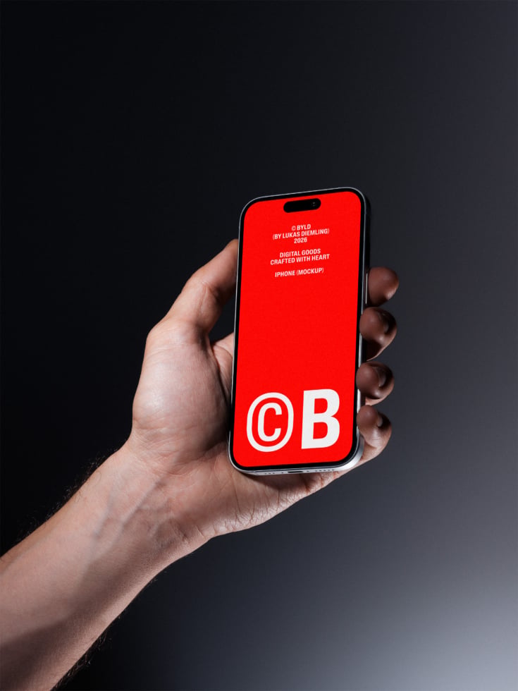 Hand holding iPhone with bright red screen displaying "CB" logo in white text