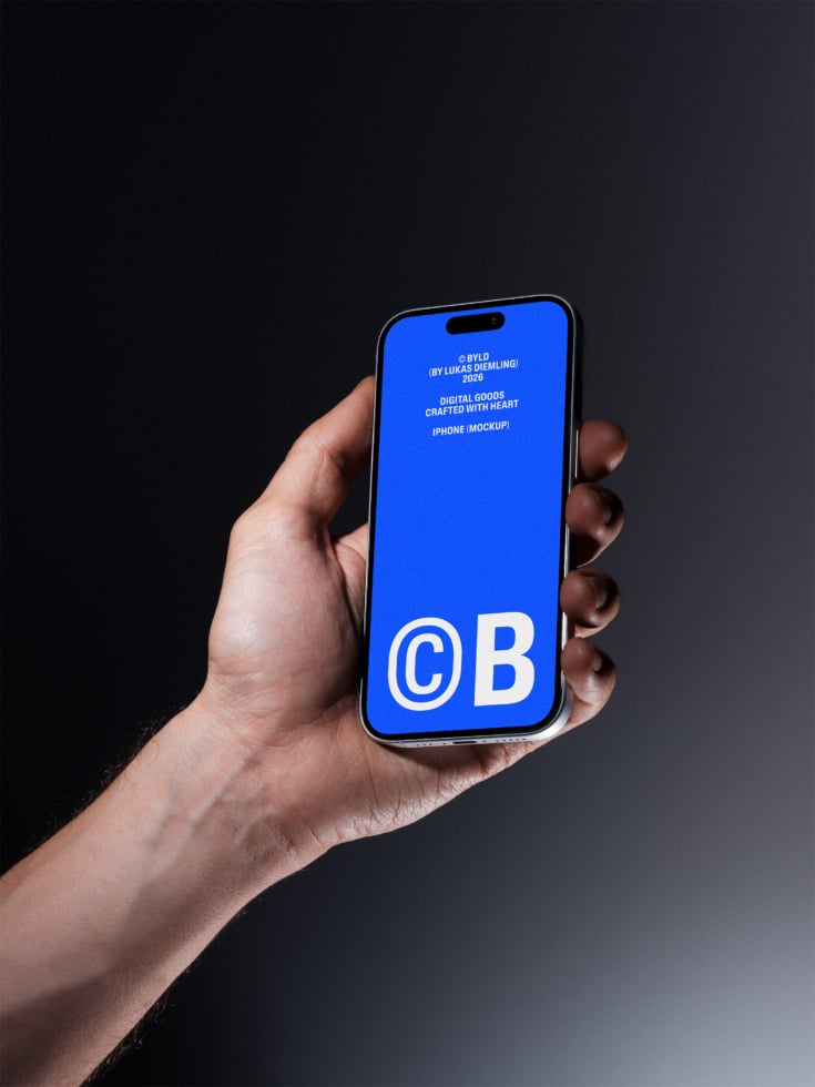 Hand holding iPhone with bright blue screen displaying CB logo with text overlay