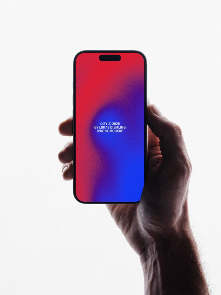 Hand holding iPhone with red to blue gradient screen mockup