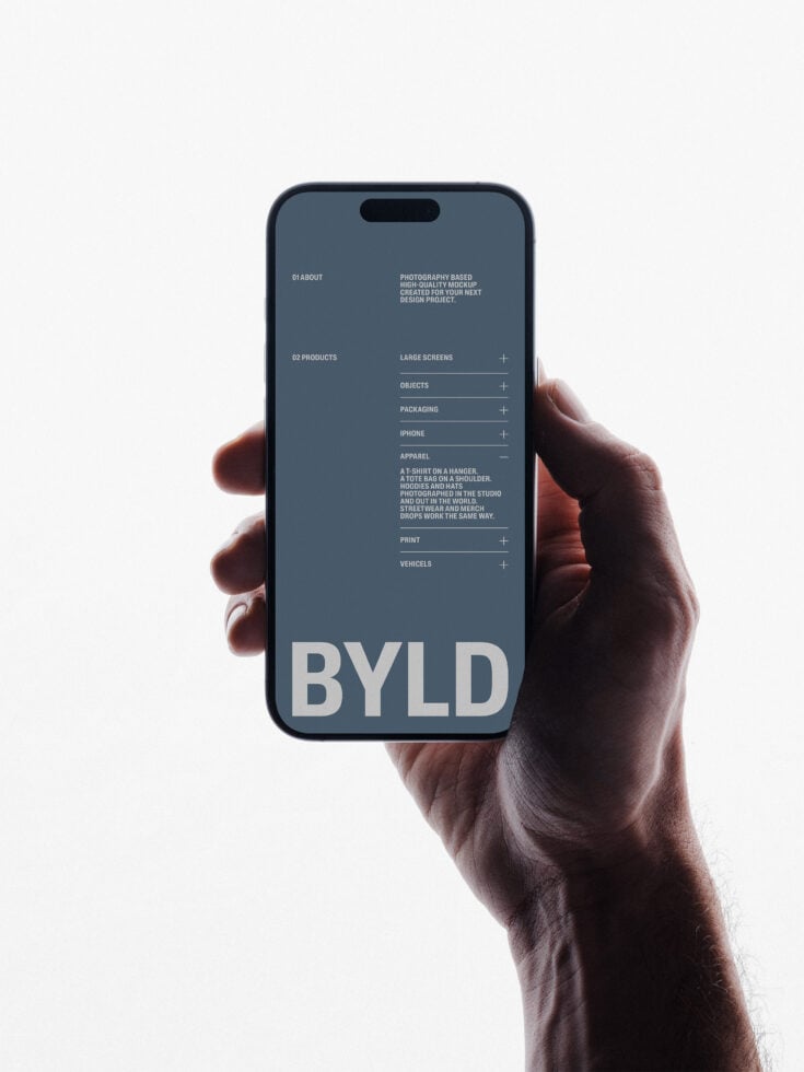 iPhone mockup showing dark UI with BYLD branding, navigation menu with product categories, expandable sections