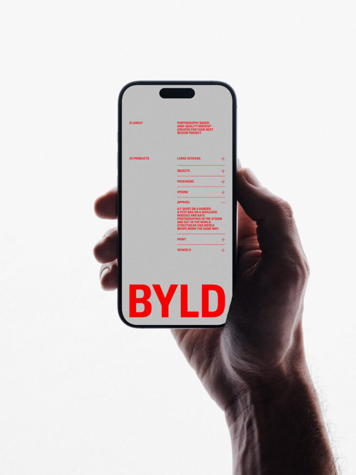 iPhone 14 Pro mockup in hand showing minimalist red menu layout with BYLD branding
