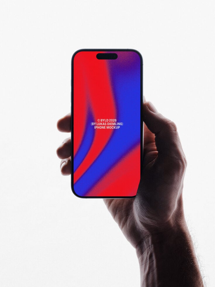 Hand holding iPhone 14 with vibrant red to blue gradient swirl design on screen mockup