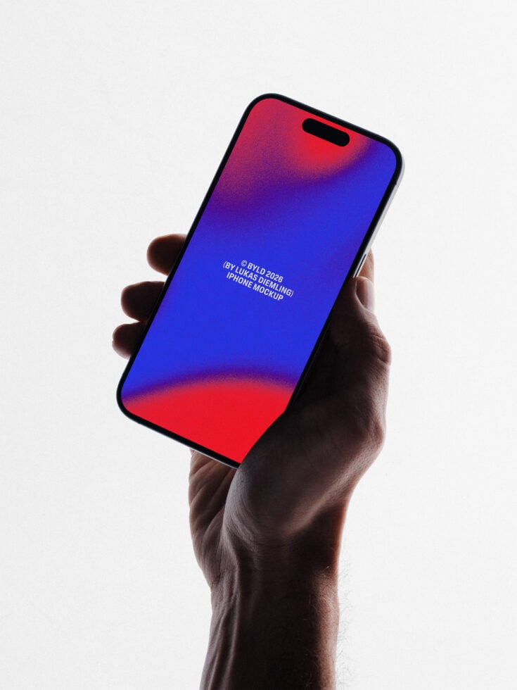 Hand holding modern iPhone with vibrant red to blue gradient screen display mockup