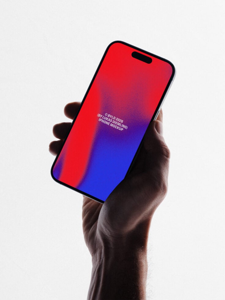 Hand holding iPhone with vibrant red to blue gradient screen mockup