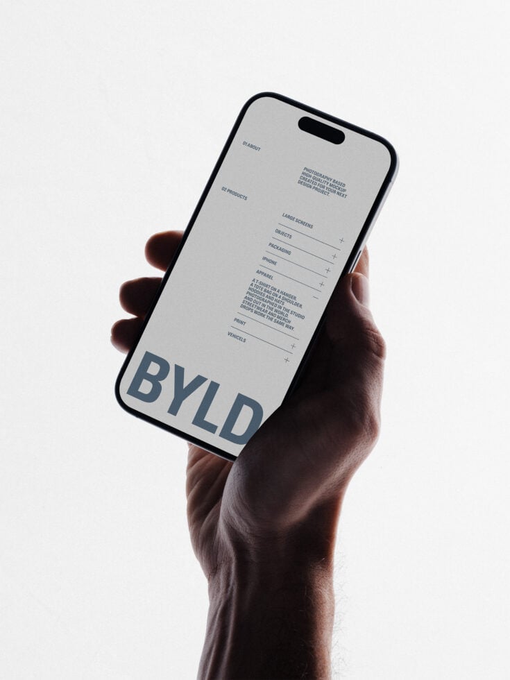 iPhone 14 Pro mockup held in hand showing minimalist menu layout with expandable sections
