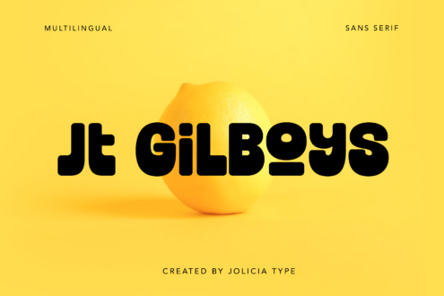 JT Gilboys bold sans serif font displayed on bright yellow background with orange sphere