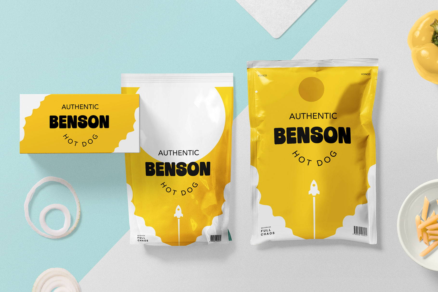 Bright yellow snack packaging mockup for hot dog brand with label, pouch, box on mint background