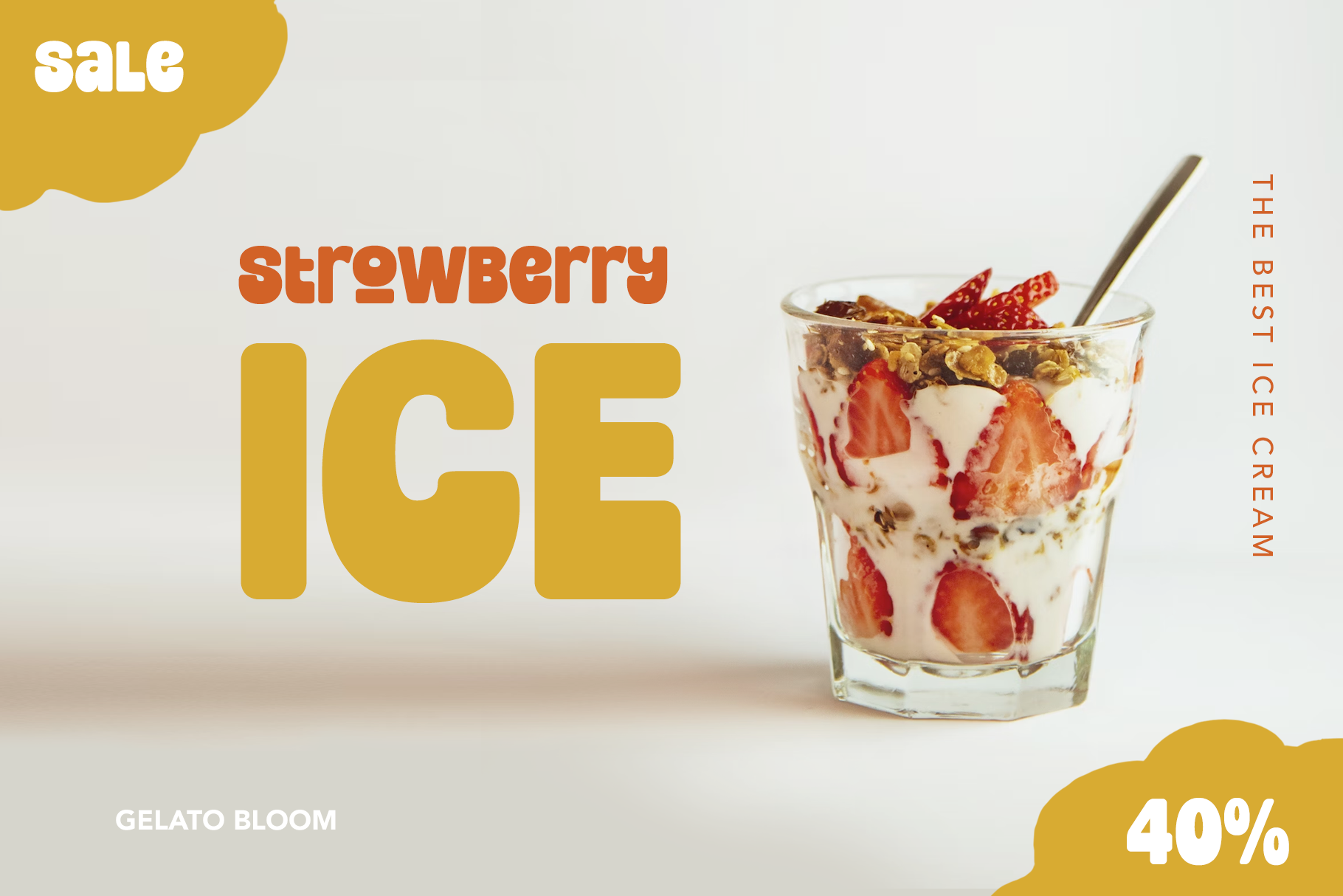 Strawberry ice cream gelato in glass with granola, spoon, sale promo mockup
