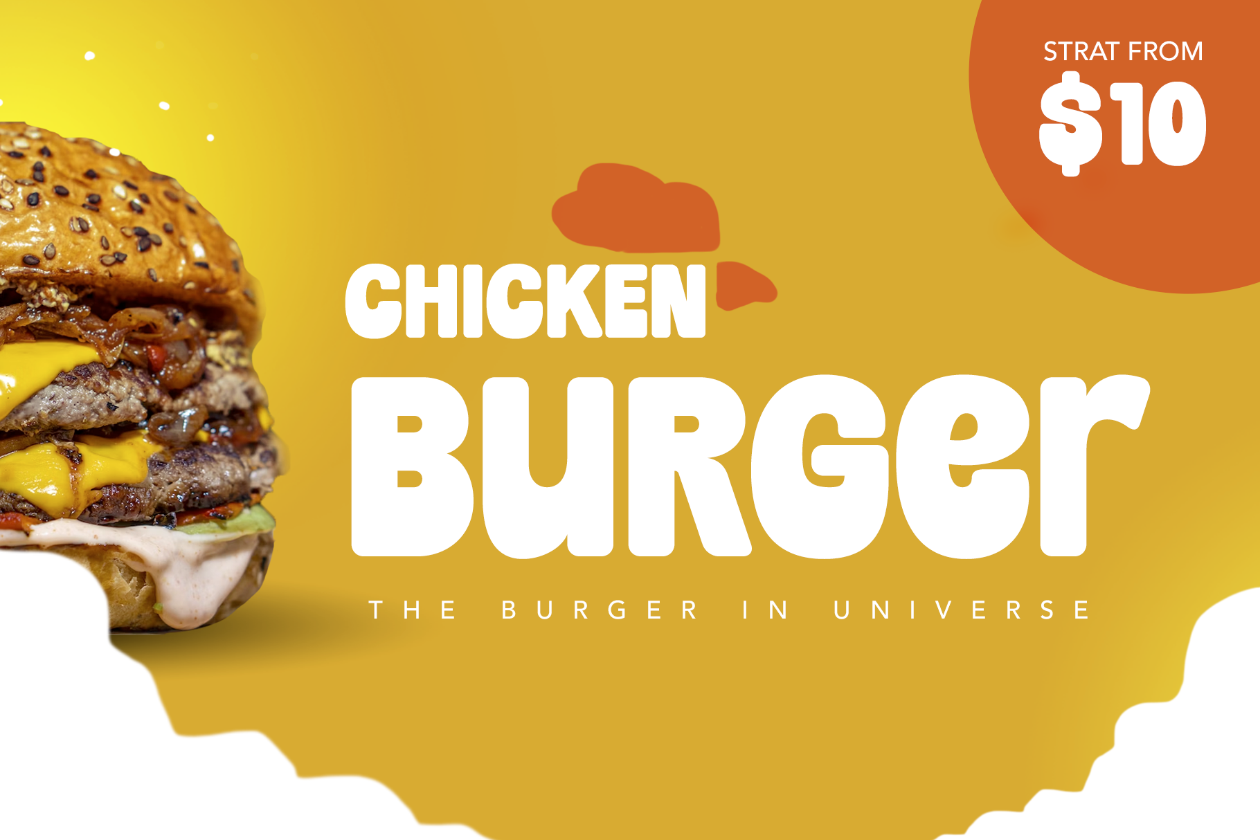 Bright yellow background with chunky chicken burger, melted cheese, orange shapes, price tag