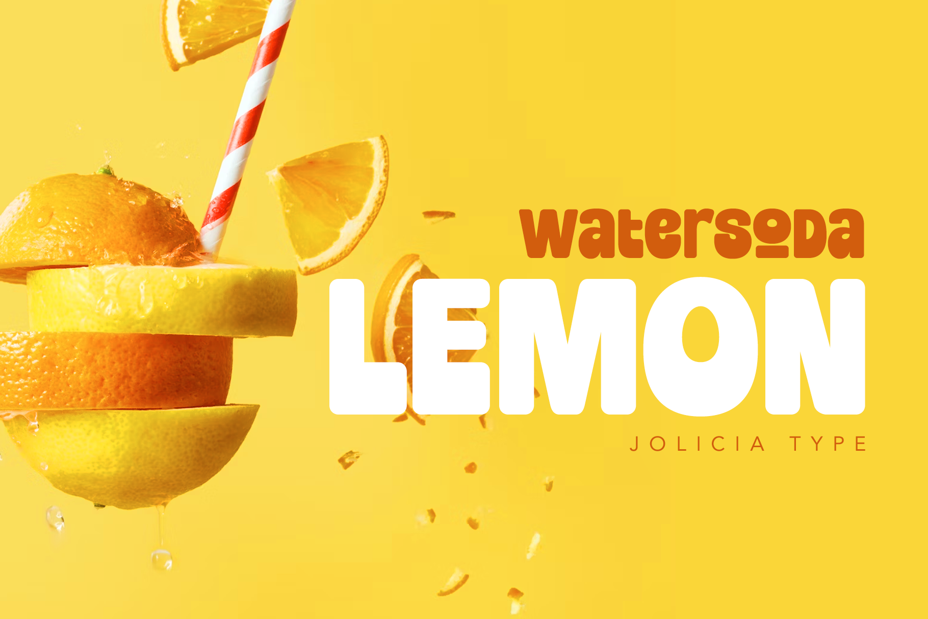 Bright yellow background with stacked orange slices, striped straw, "watersoda lemon" text in bold typography