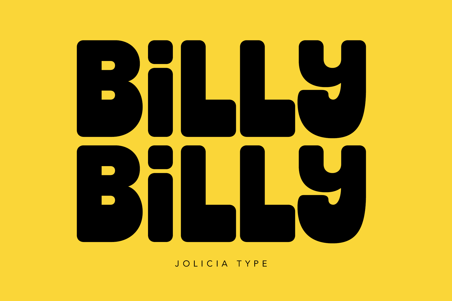 Jolicia Type font family displayed in bold black letters stacked on bright yellow background