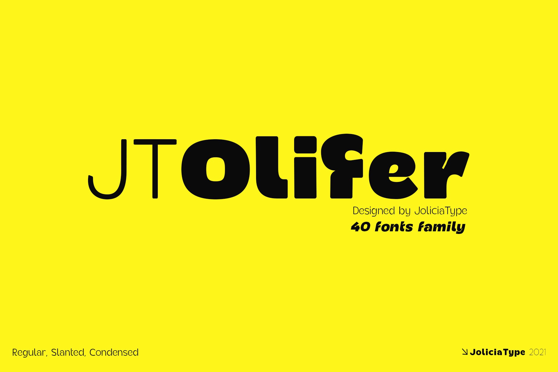 JTOlifer font family with 40 weights on bright yellow background