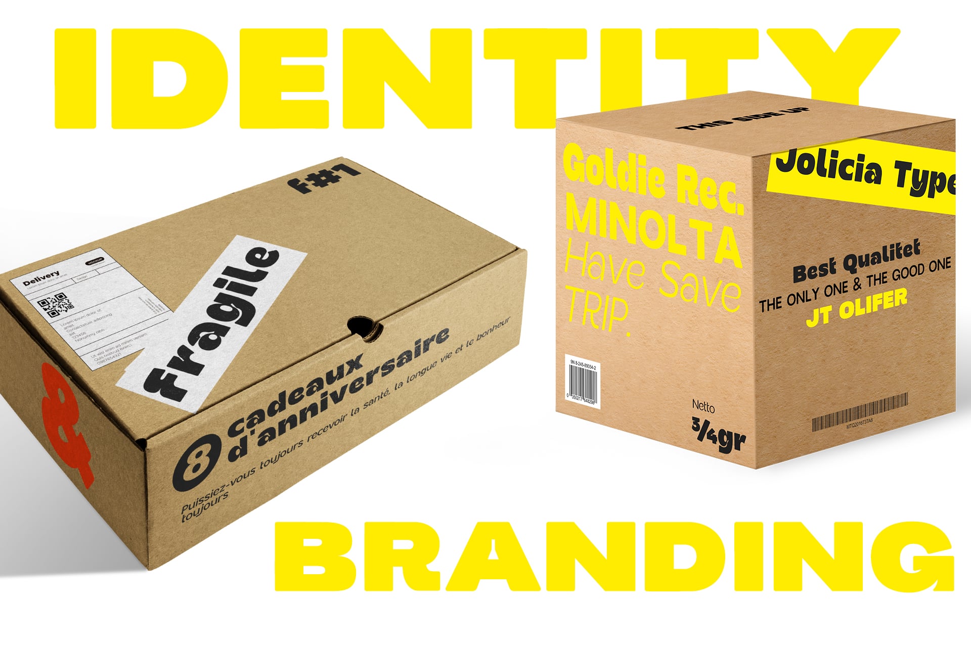 Cardboard shipping boxes with bold black type, yellow labels, delivery stickers, barcodes, minimal branding mockup