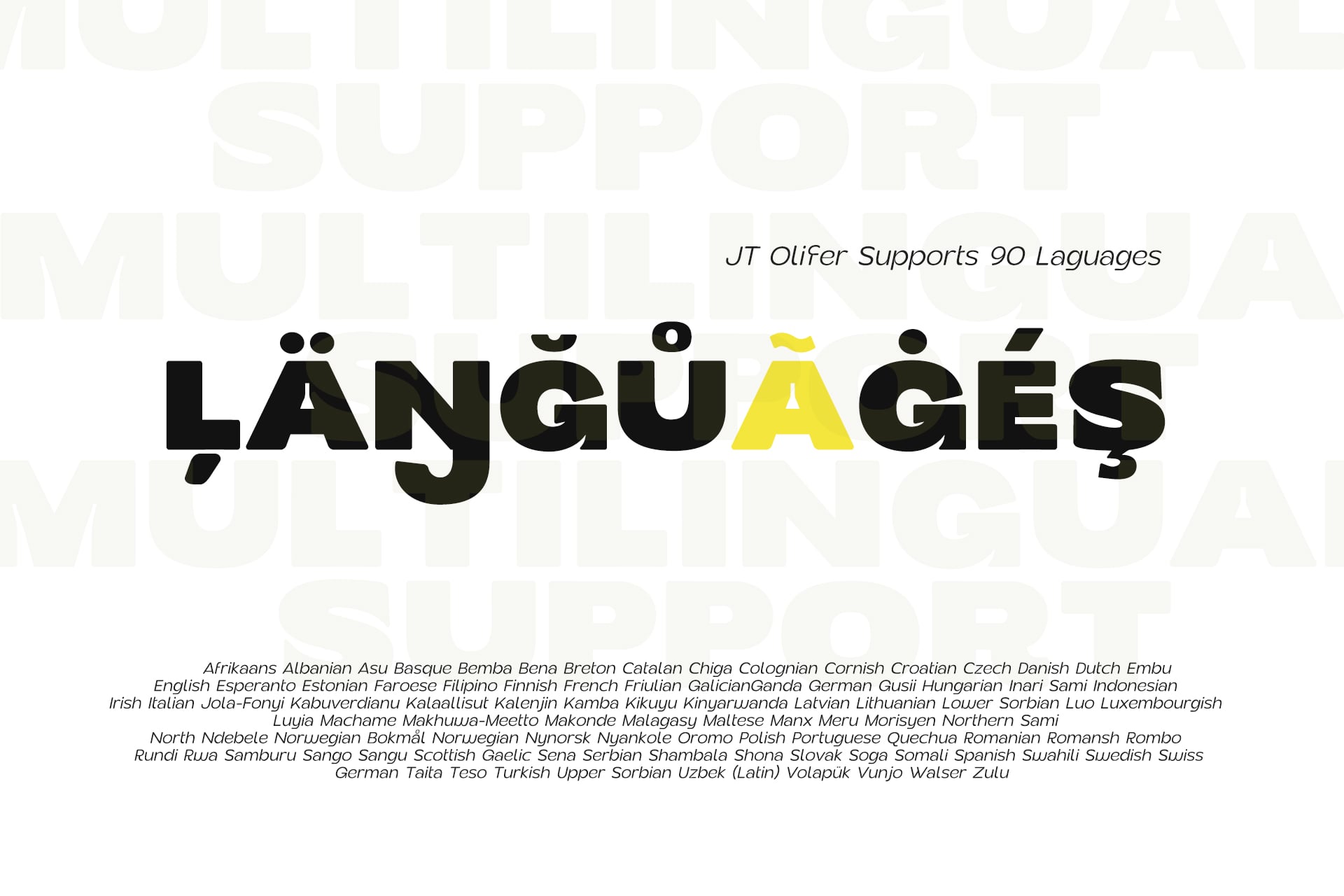 JT Olifer font with multilingual character support displayed across 90 different languages
