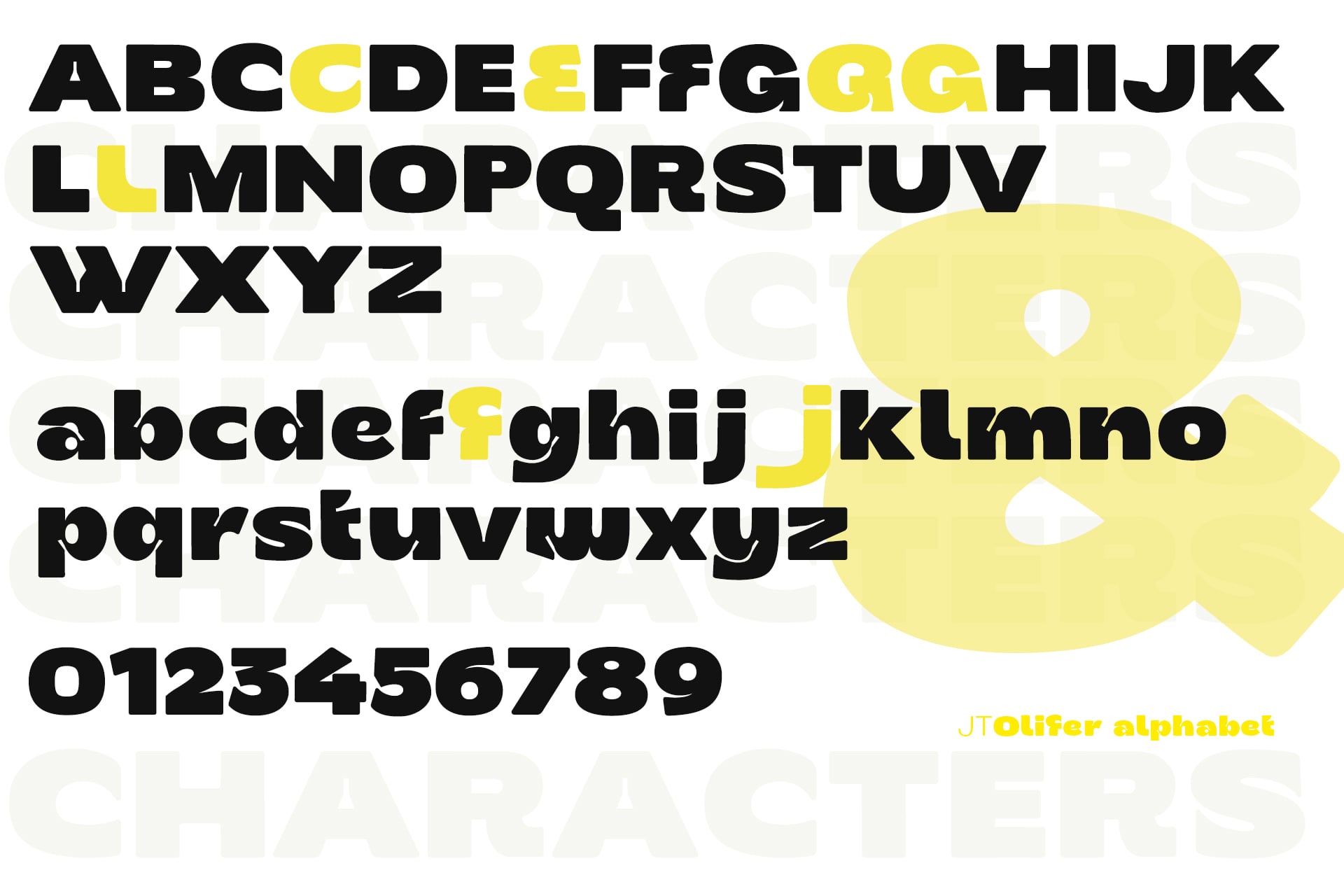 Bold sans serif font with chunky letters in black with pops of yellow, full character set shown